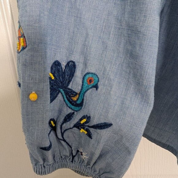 Crown & Ivy Embroidered Shirt Womens Size Medium Blue Floral Bird Beaded Tassels - Picture 5 of 14